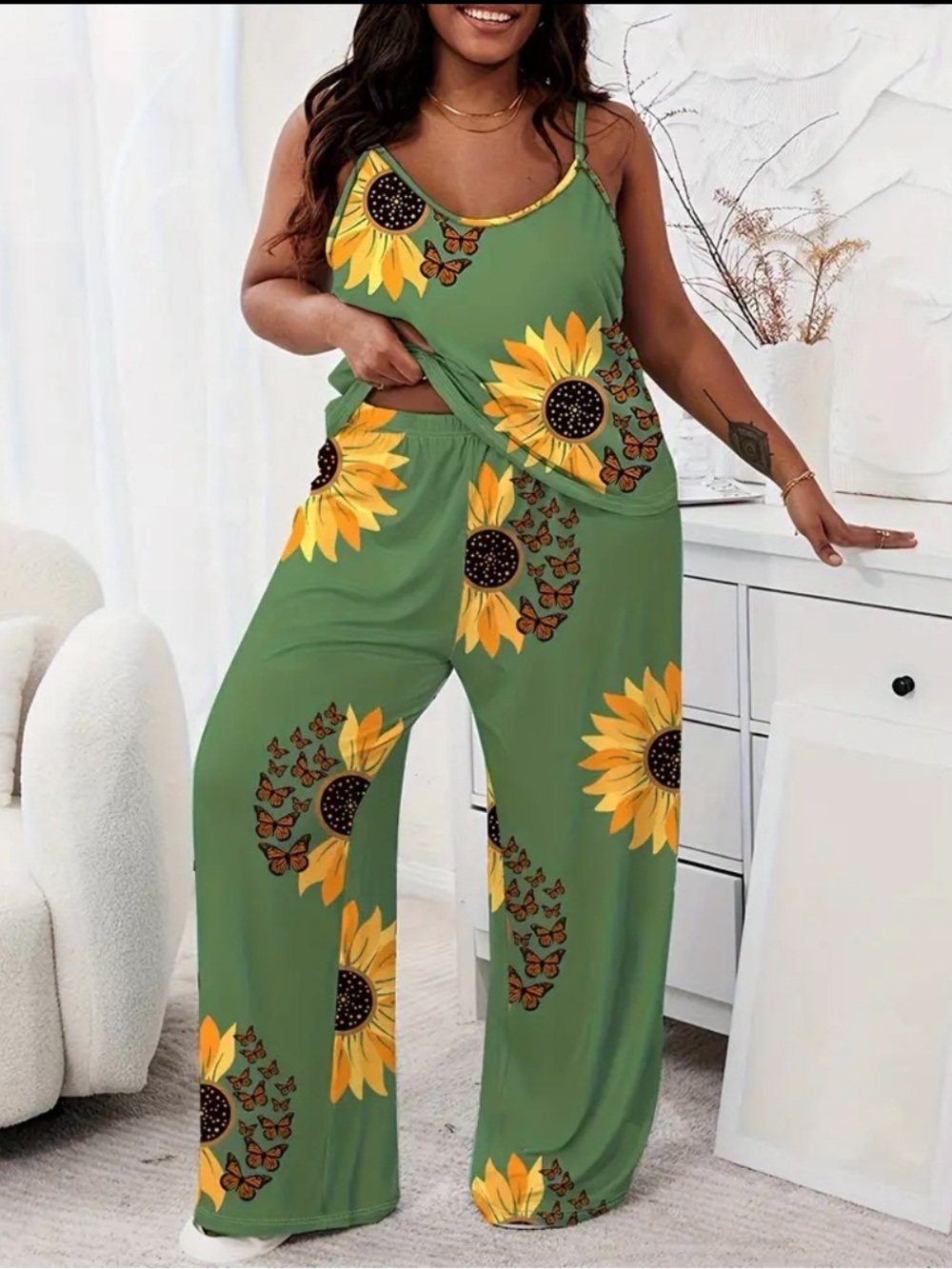 Sunflower Print Wide-Leg Jumpsuit - Green